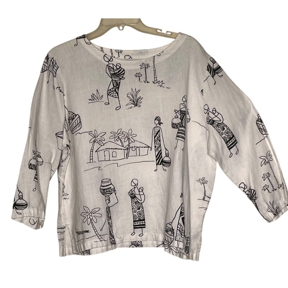 Hot Cotton by Marc Ware L Figure Sketch Print 3/4 Sleeve 100% Linen Natural USA